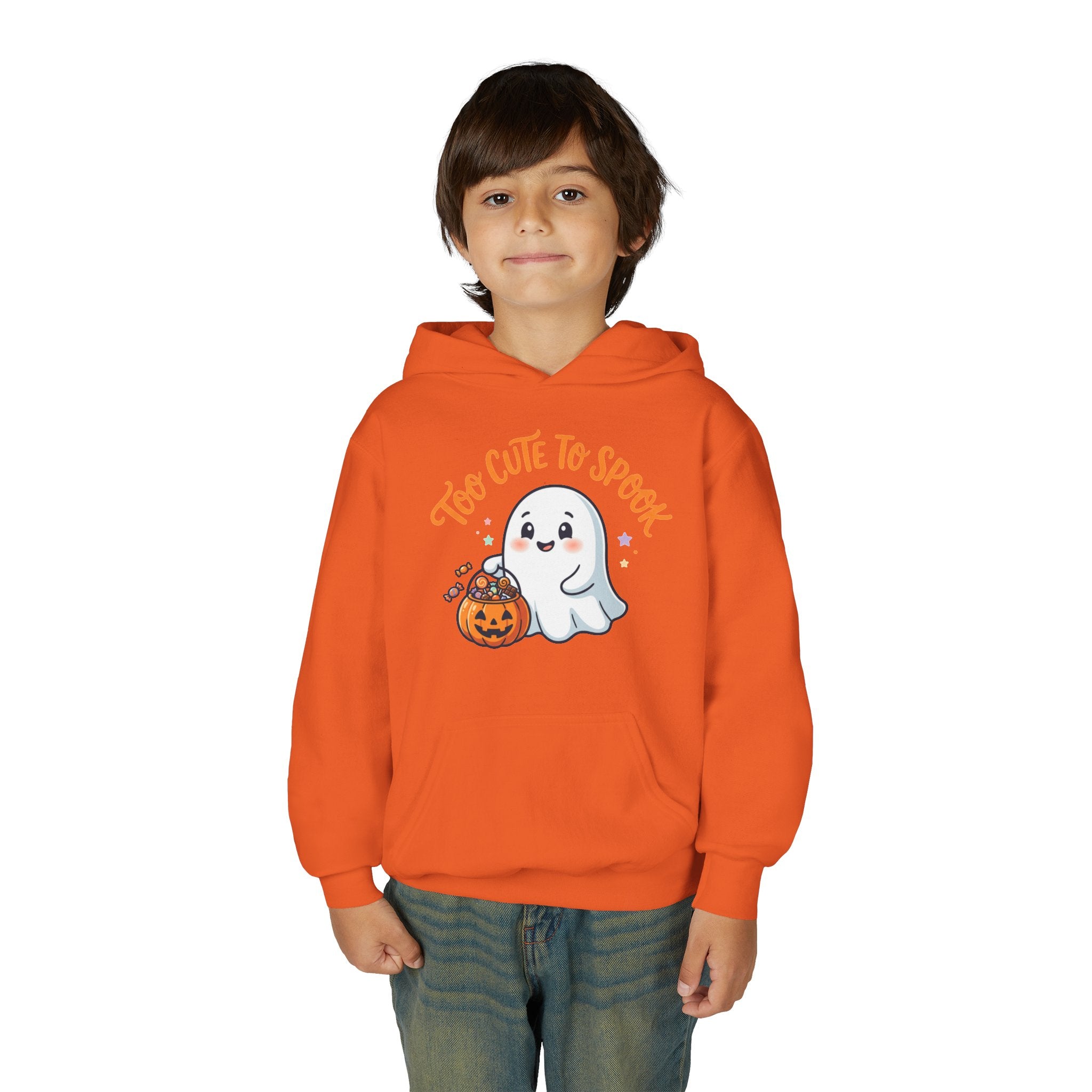 Youth Halloween Ghost Hoodie - "Too Cute to Spook" Kids Pullover