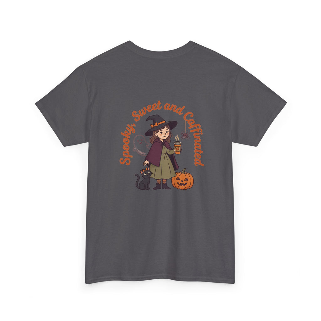 Spooky Sweet and Caffeinated Tee | Witch with Pumpkin and Cat