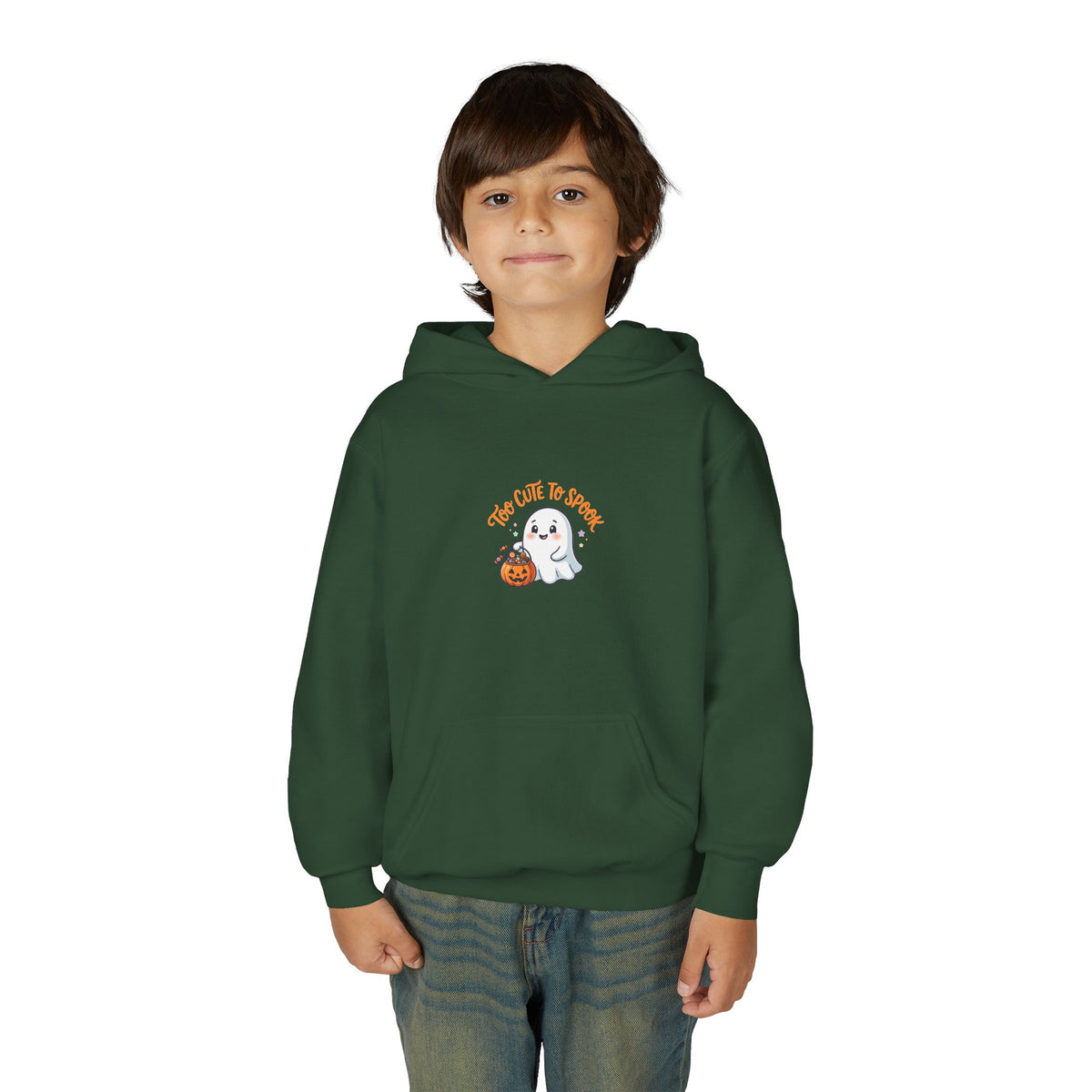 Youth Halloween Ghost Hoodie - "Too Cute to Spook" Kids Pullover