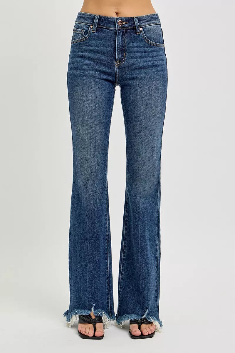 RISEN Mid Rise Chewed Frayed Hem Flared Leg Jeans