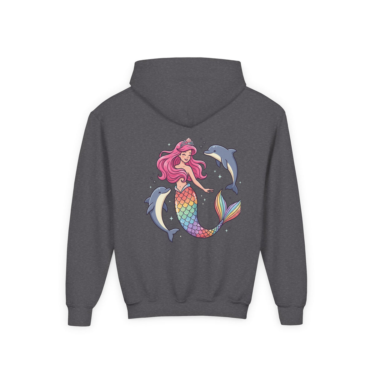 Youth Mermaid Hoodie with Rainbow Tail & Dolphins – Cute Girls' Pullover
