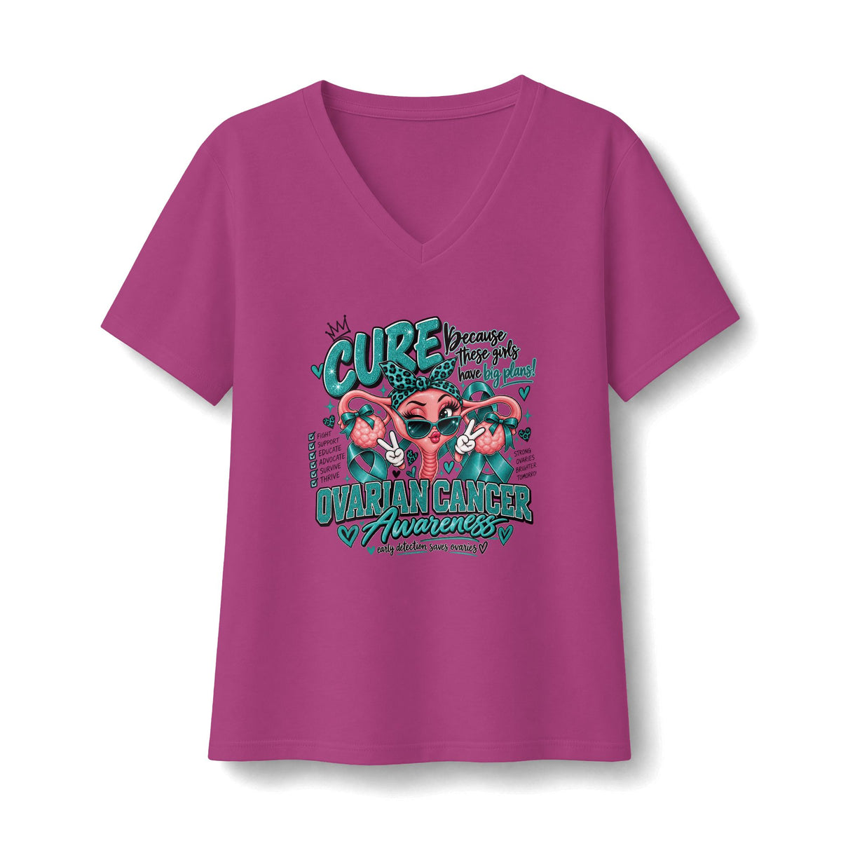 Ovarian Cancer Awareness V-Neck Tee — 'CURE' Empowerment Design