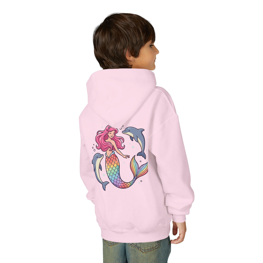 Youth Mermaid Hoodie with Rainbow Tail & Dolphins – Cute Girls' Pullover