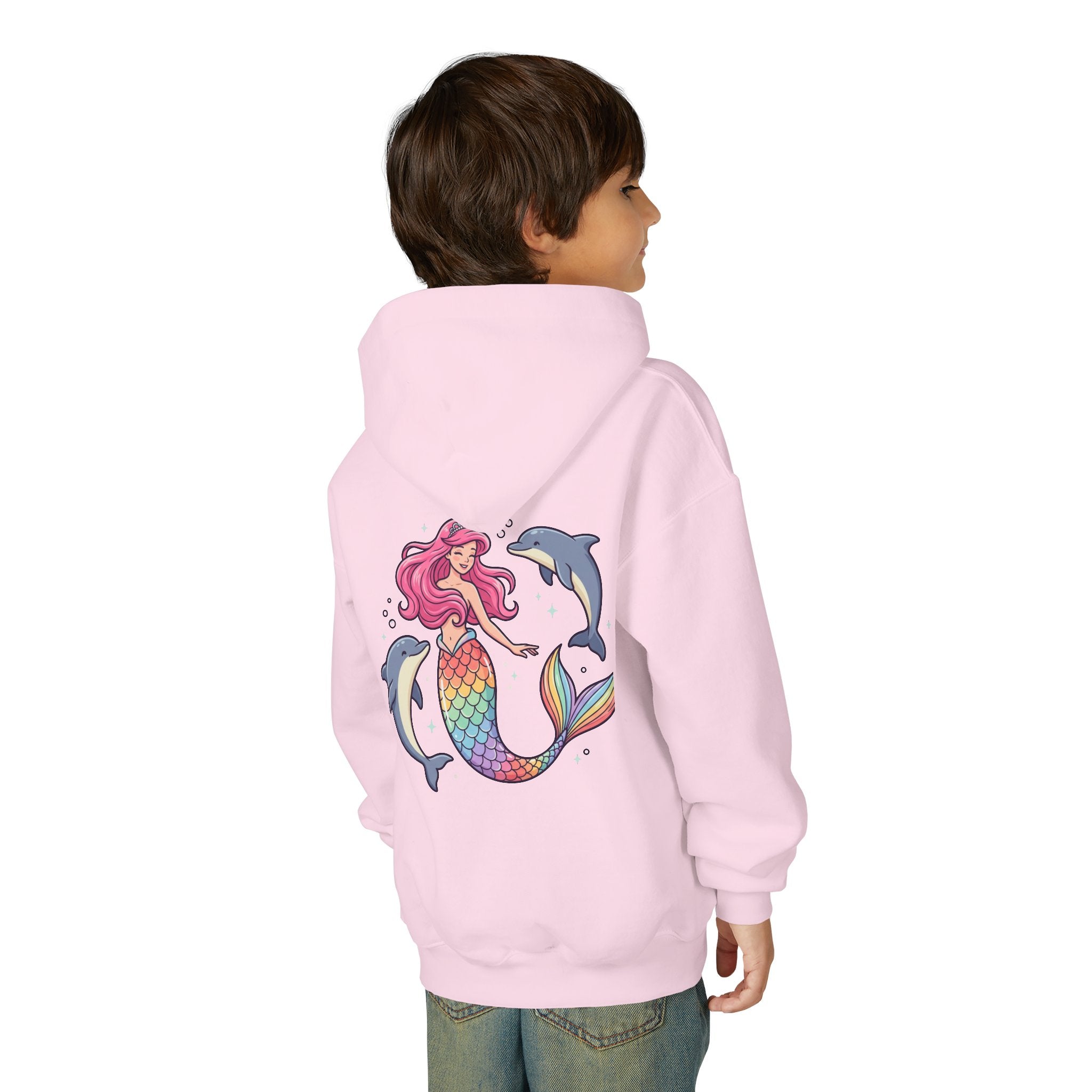 Youth Mermaid Hoodie with Rainbow Tail & Dolphins – Cute Girls' Pullover