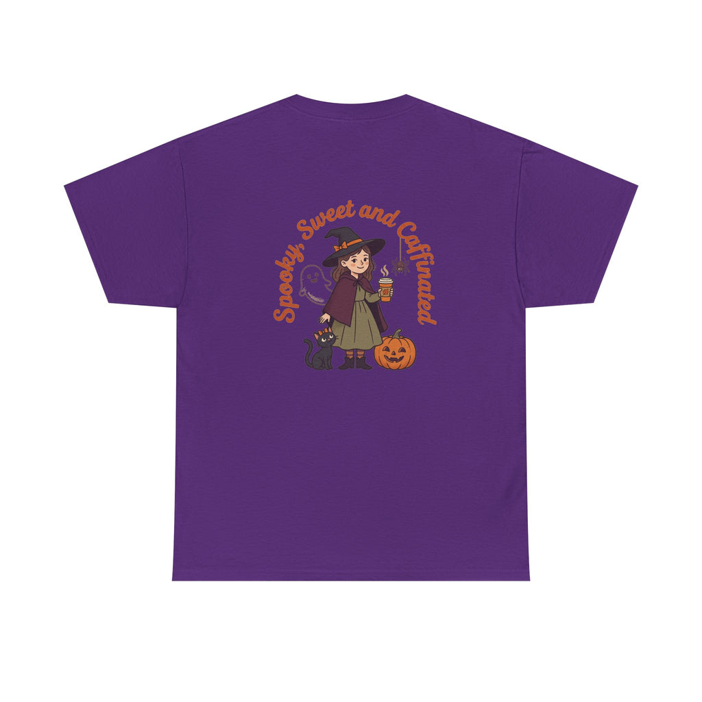 Spooky Sweet and Caffeinated Tee | Witch with Pumpkin and Cat
