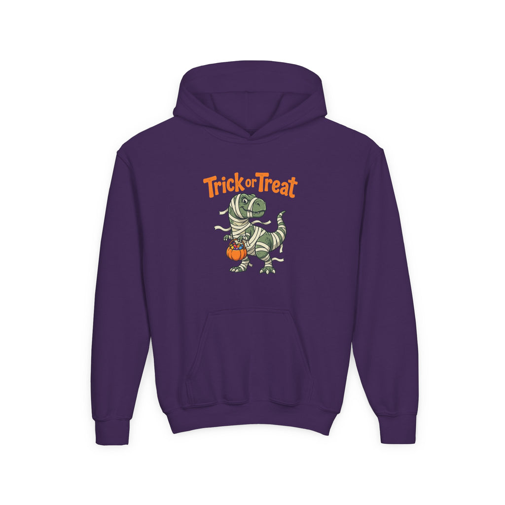 Halloween Mummy T-Rex Youth Hoodie — "Trick or Treat" Dinosaur Kids Sweatshirt