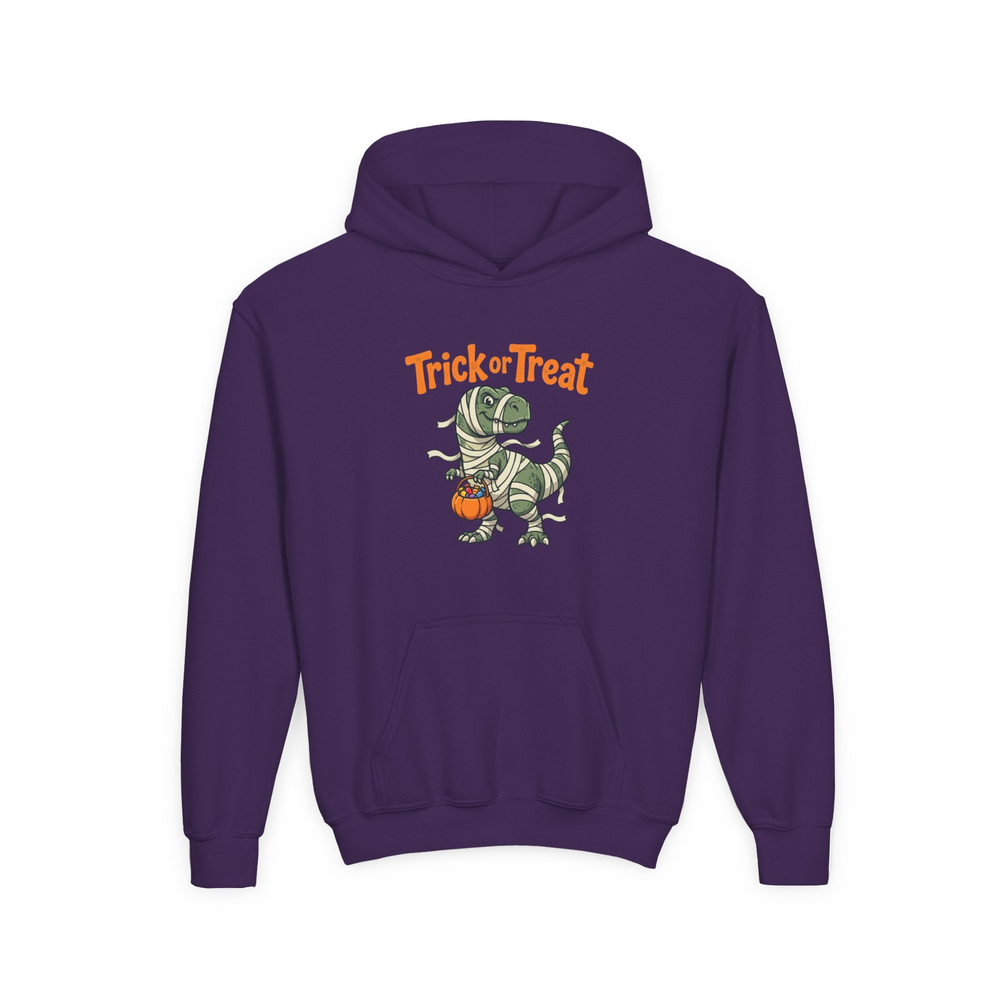 Halloween Mummy T-Rex Youth Hoodie — "Trick or Treat" Dinosaur Kids Sweatshirt