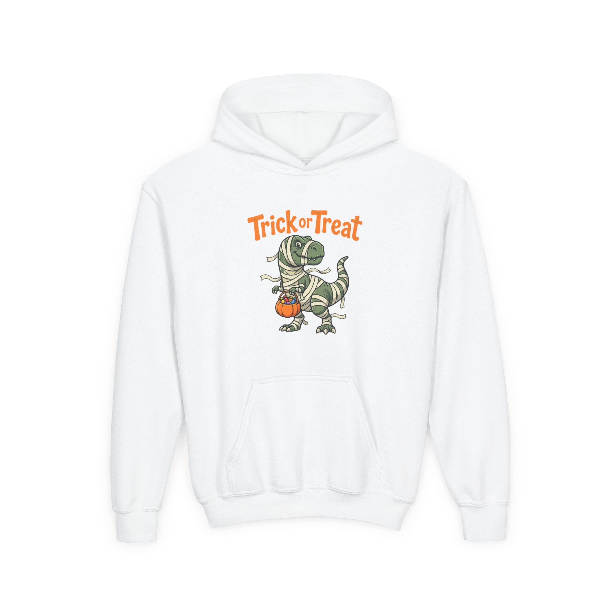 Halloween Mummy T-Rex Youth Hoodie — "Trick or Treat" Dinosaur Kids Sweatshirt