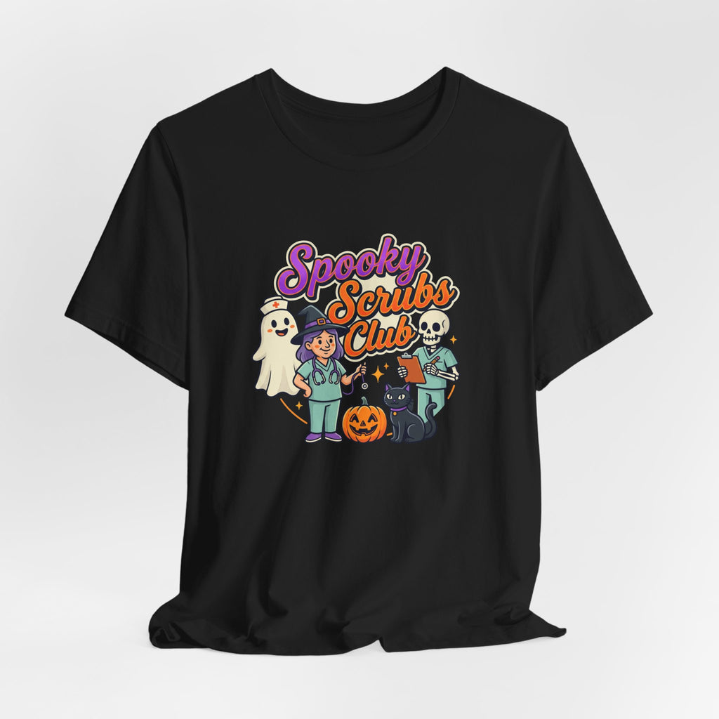 Spooky Scrubs Club Halloween Nurse T-Shirt — Cute Ghost & Pumpkin Medical Tee