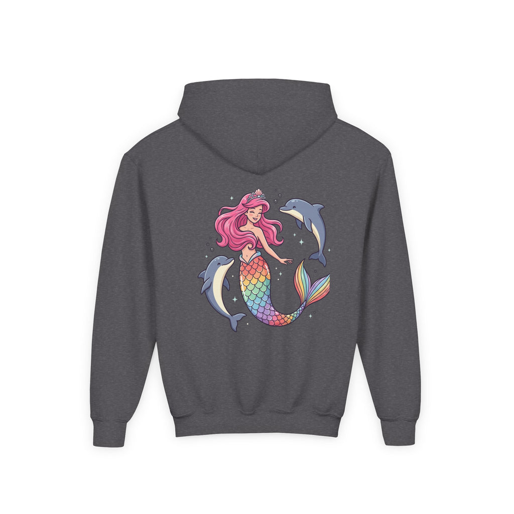 Youth Mermaid Hoodie with Rainbow Tail & Dolphins – Cute Girls' Pullover