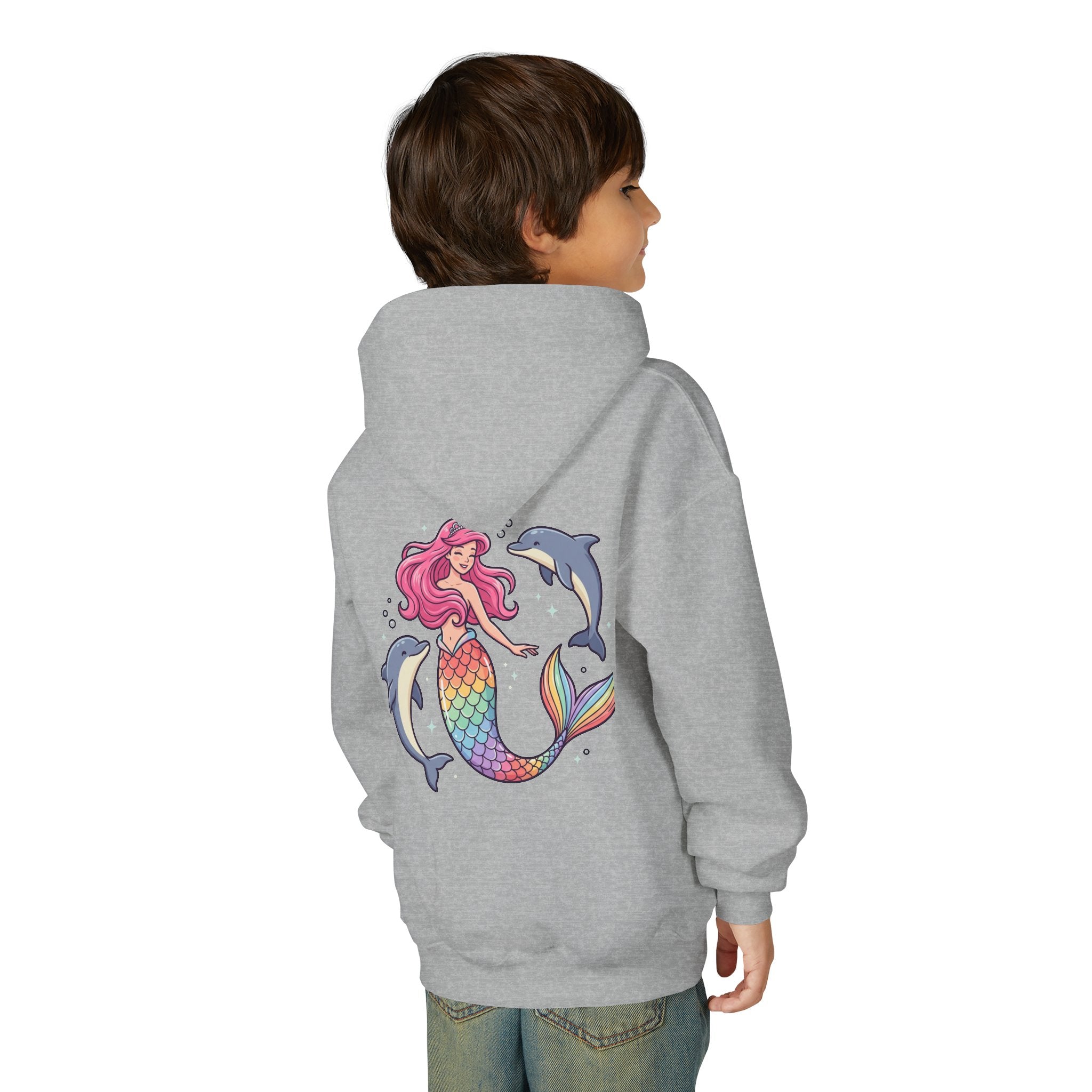 Youth Mermaid Hoodie with Rainbow Tail & Dolphins – Cute Girls' Pullover