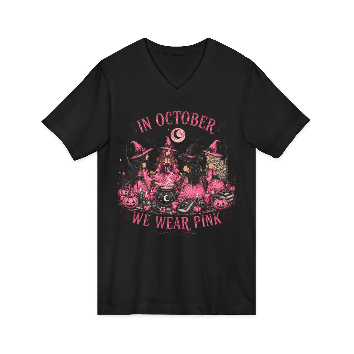 October We Wear Pink Halloween Tee — Breast Cancer Awareness Witch Design