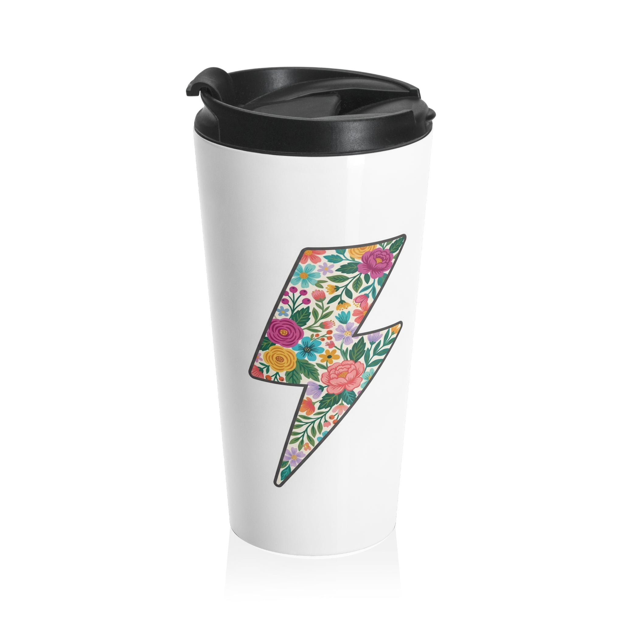 Travel Mug — Colorful Floral Peace Sign with 'Powered by Love & Coffee'