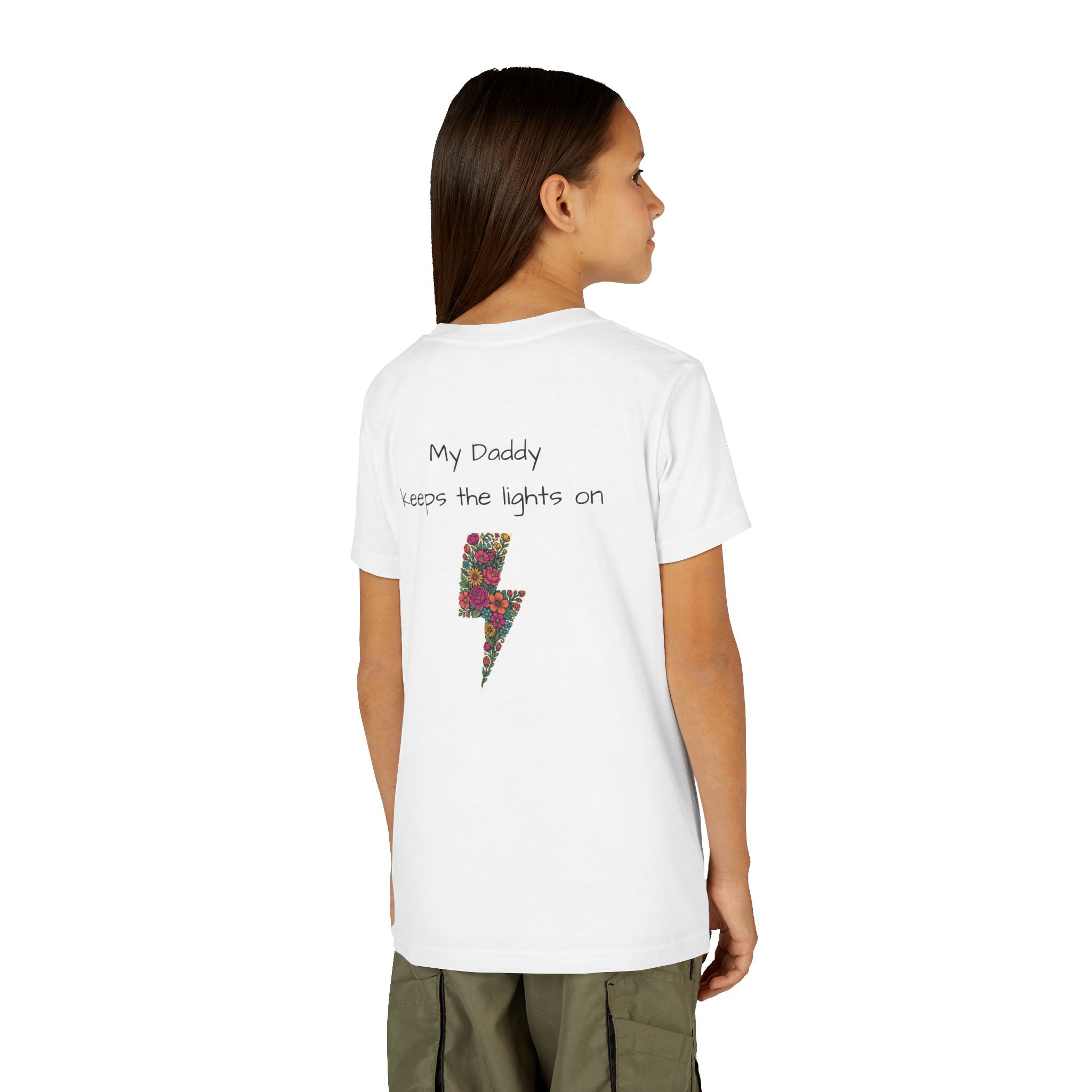 Youth Tee — “My Daddy Keeps the Lights On” Floral Lightning Kids Shirt