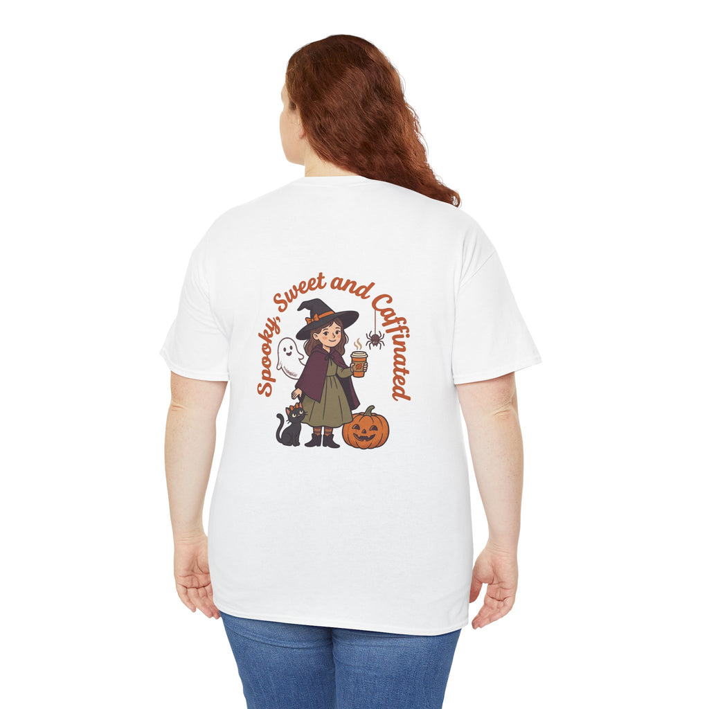 Spooky Sweet and Caffeinated Tee | Witch with Pumpkin and Cat