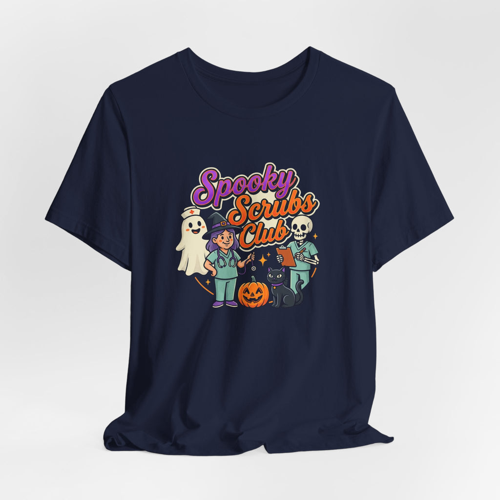 Spooky Scrubs Club Halloween Nurse T-Shirt — Cute Ghost & Pumpkin Medical Tee