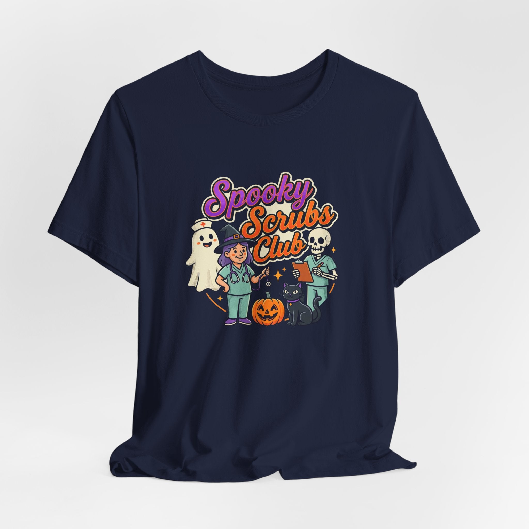 Spooky Scrubs Club Halloween Nurse T-Shirt — Cute Ghost & Pumpkin Medical Tee