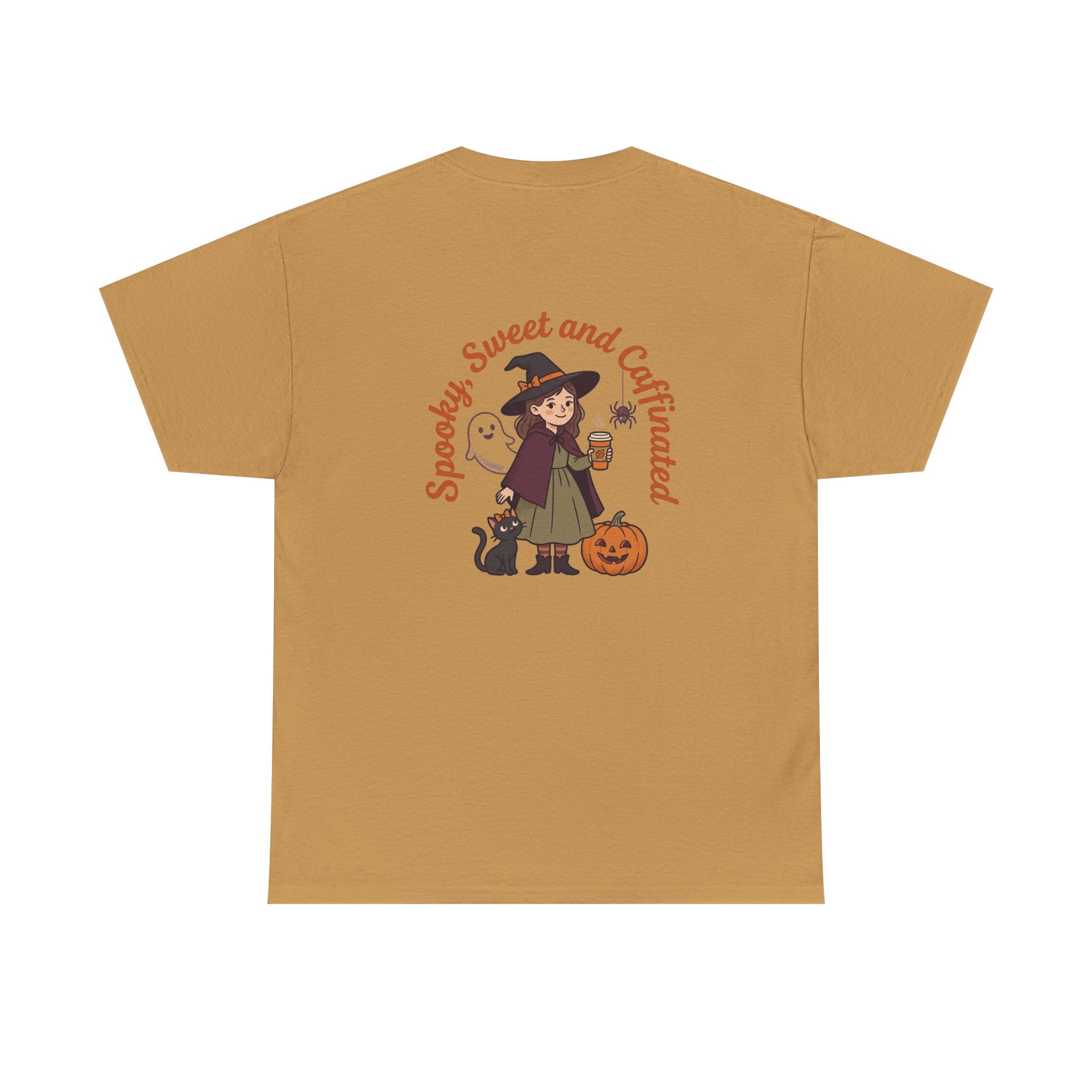 Spooky Sweet and Caffeinated Tee | Witch with Pumpkin and Cat