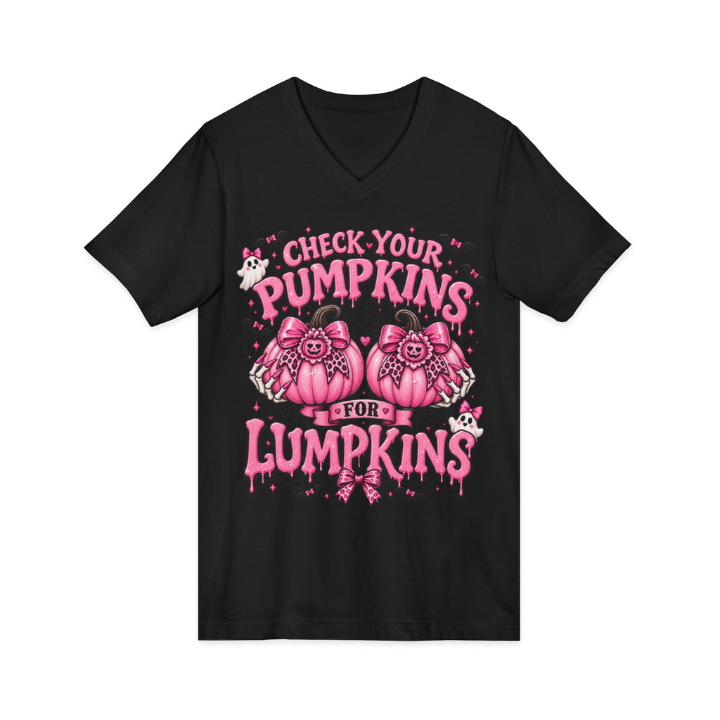 Check Your Pumpkins for Lumpkins V-Neck Tee — Cute Pink Halloween Pumpkin Graphic Shirt