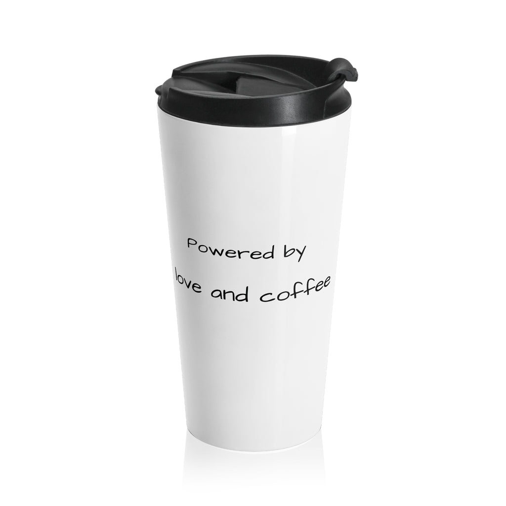 Travel Mug — Colorful Floral Peace Sign with 'Powered by Love & Coffee'