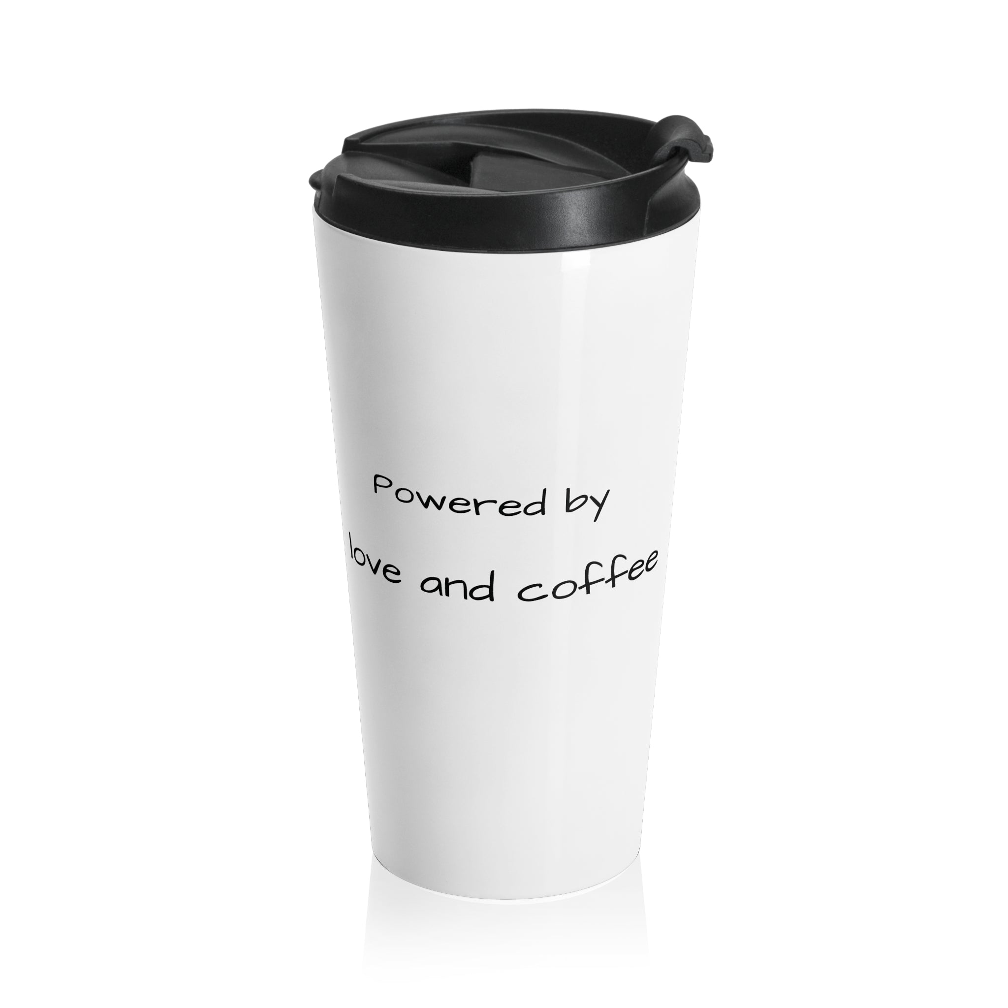 Travel Mug — Colorful Floral Peace Sign with 'Powered by Love & Coffee'