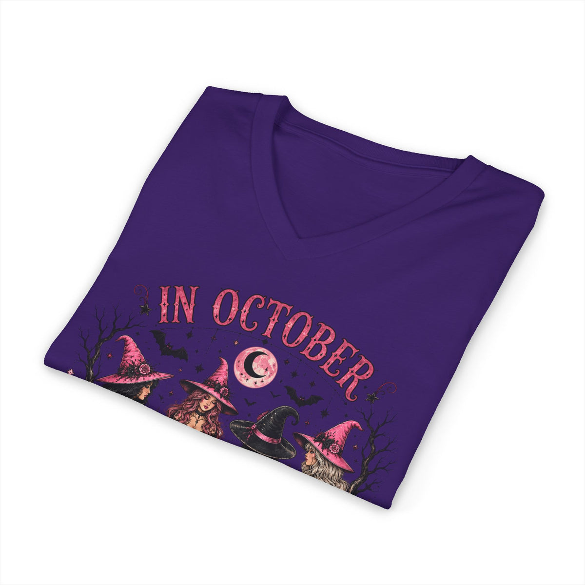 October We Wear Pink Halloween Tee — Breast Cancer Awareness Witch Design