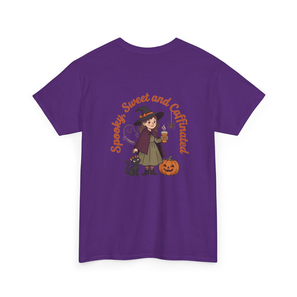 Spooky Sweet and Caffeinated Tee | Witch with Pumpkin and Cat