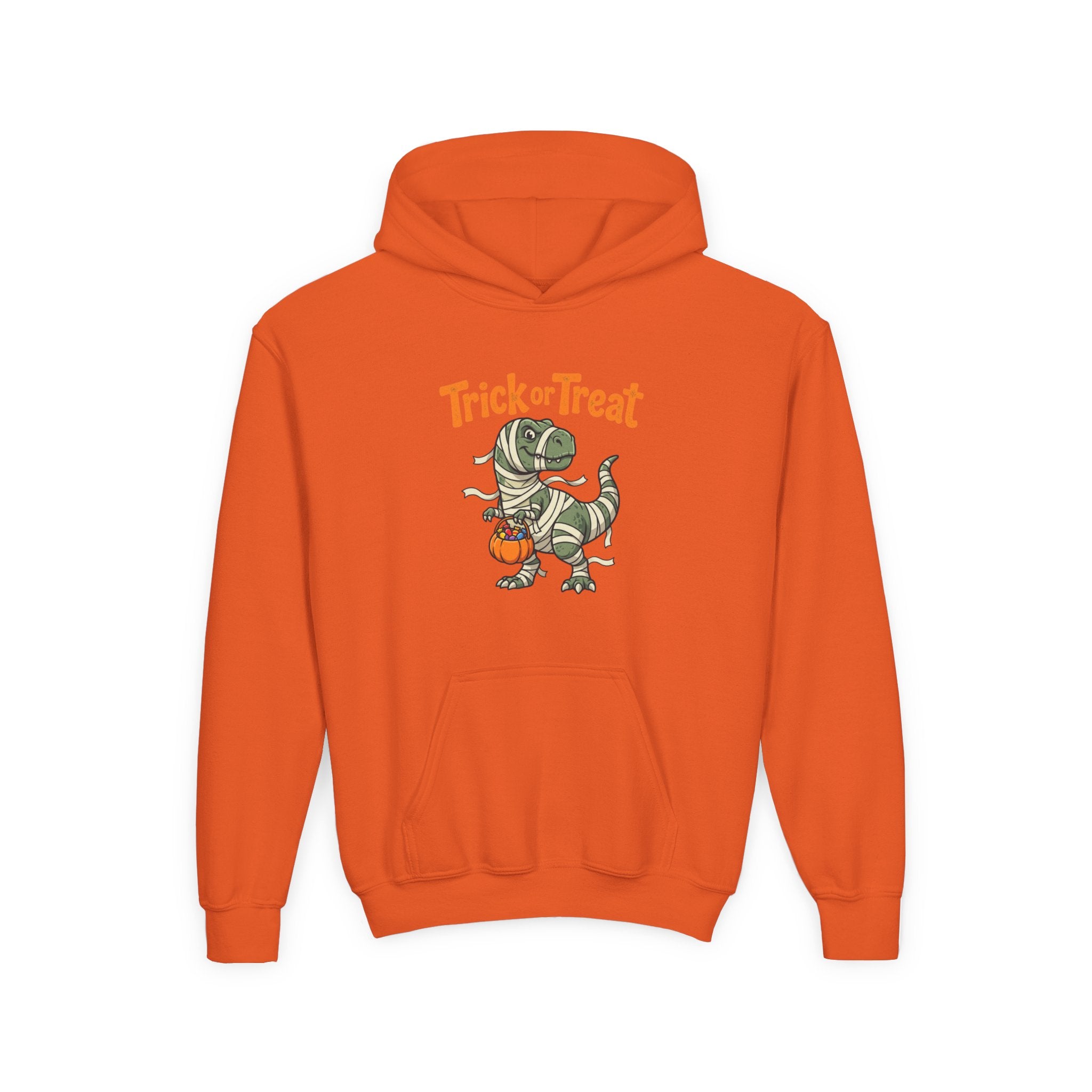 Halloween Mummy T-Rex Youth Hoodie — "Trick or Treat" Dinosaur Kids Sweatshirt