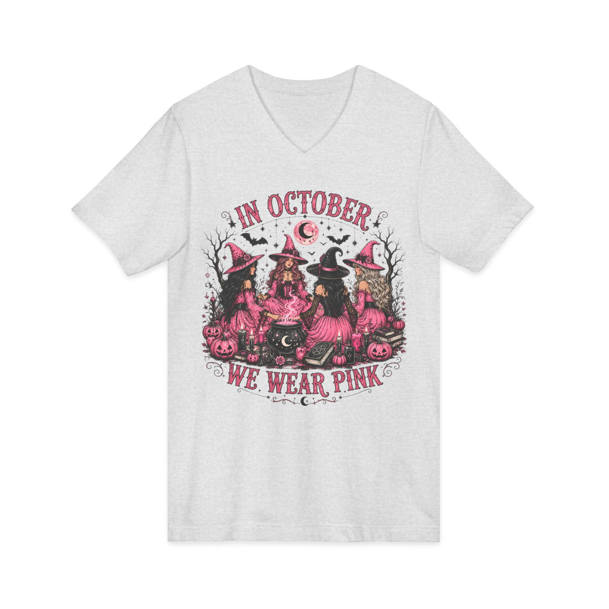 October We Wear Pink Halloween Tee — Breast Cancer Awareness Witch Design