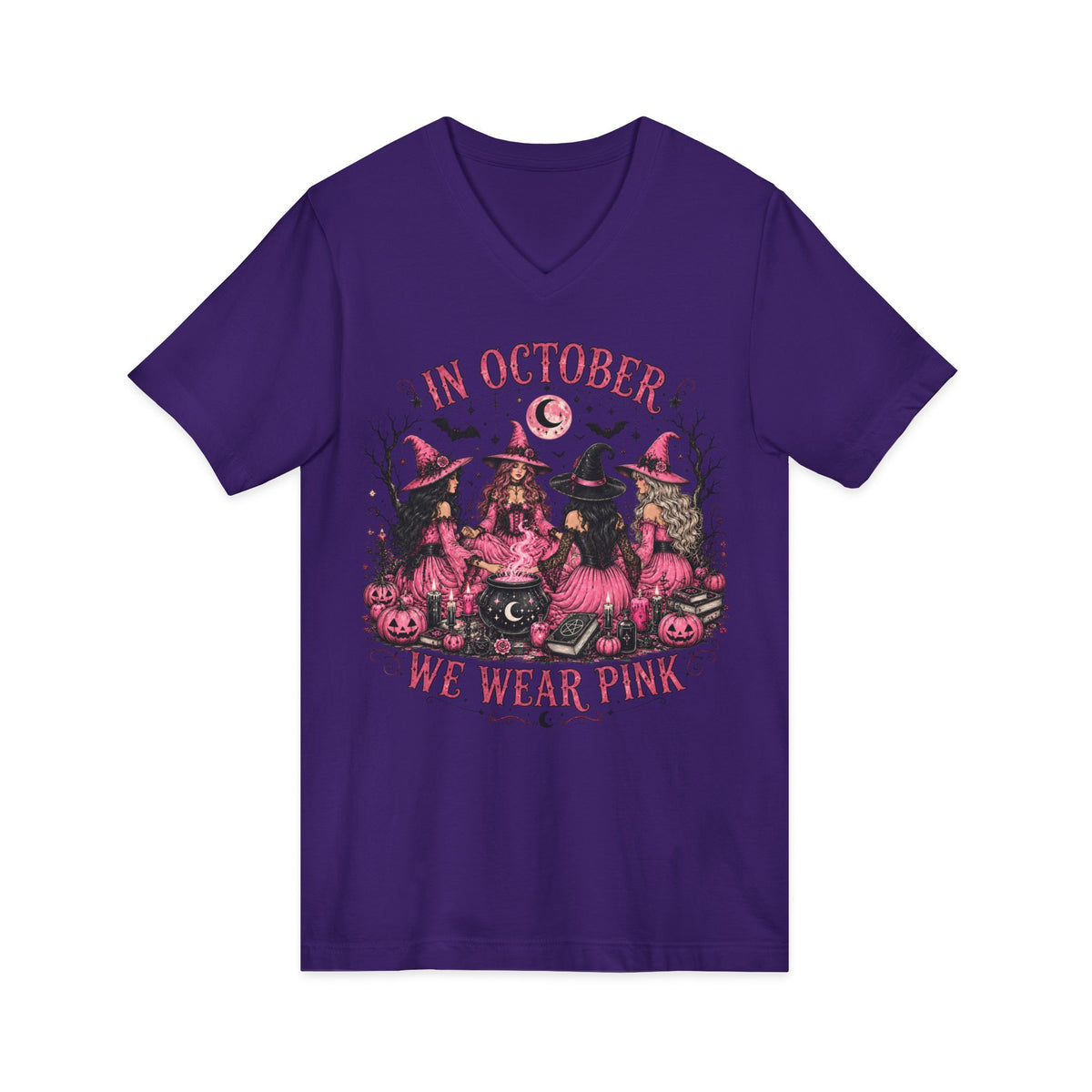 October We Wear Pink Halloween Tee — Breast Cancer Awareness Witch Design