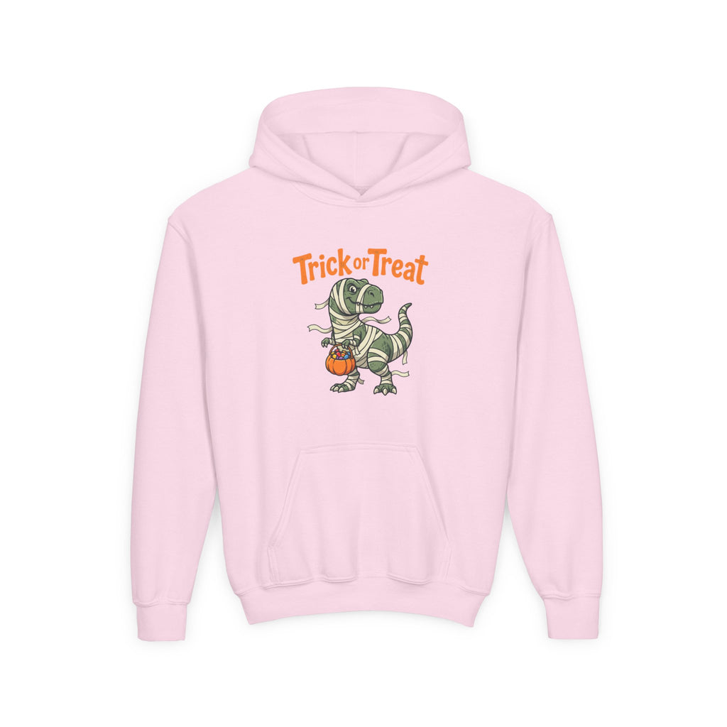 Halloween Mummy T-Rex Youth Hoodie — "Trick or Treat" Dinosaur Kids Sweatshirt