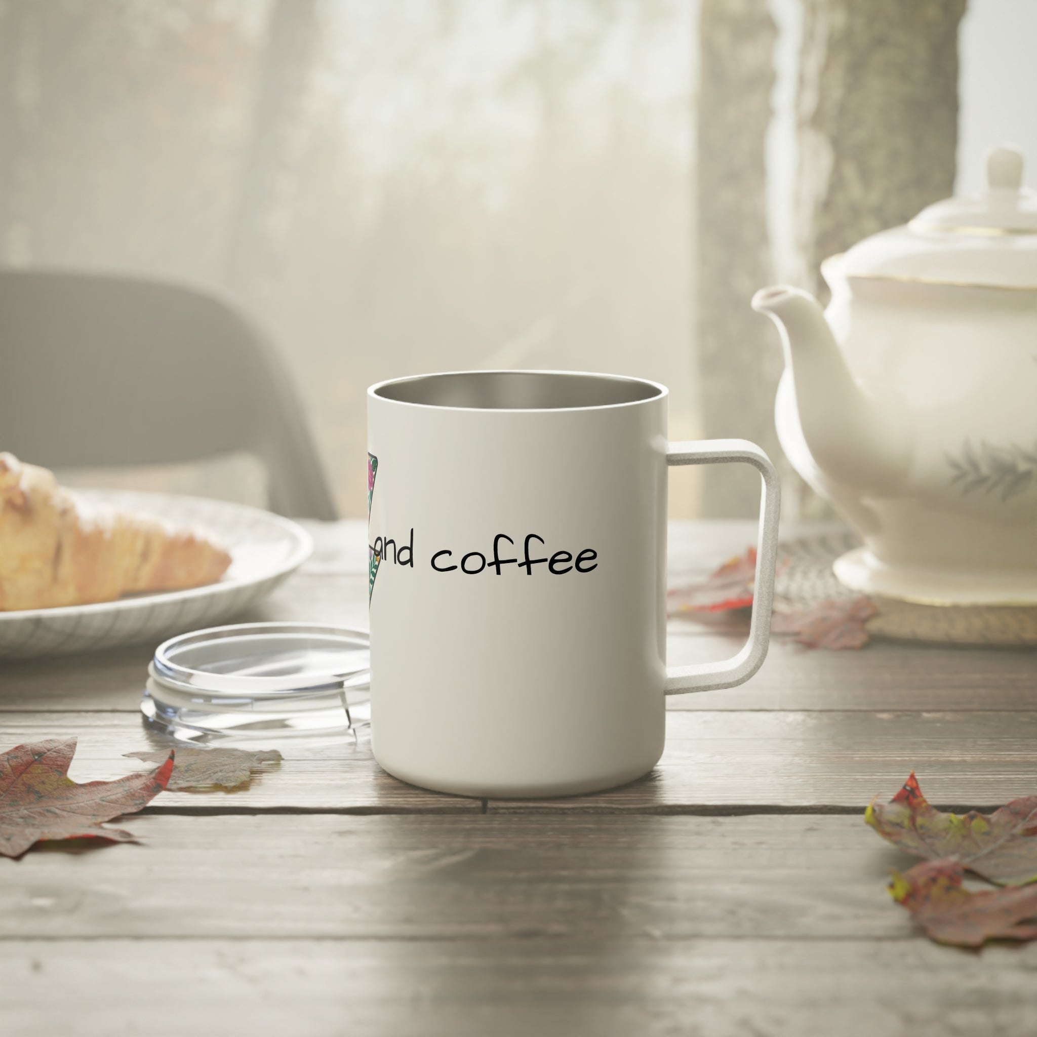 Floral Lightning Bolt Insulated Coffee Mug — "Powered by Love and Coffee" 10oz