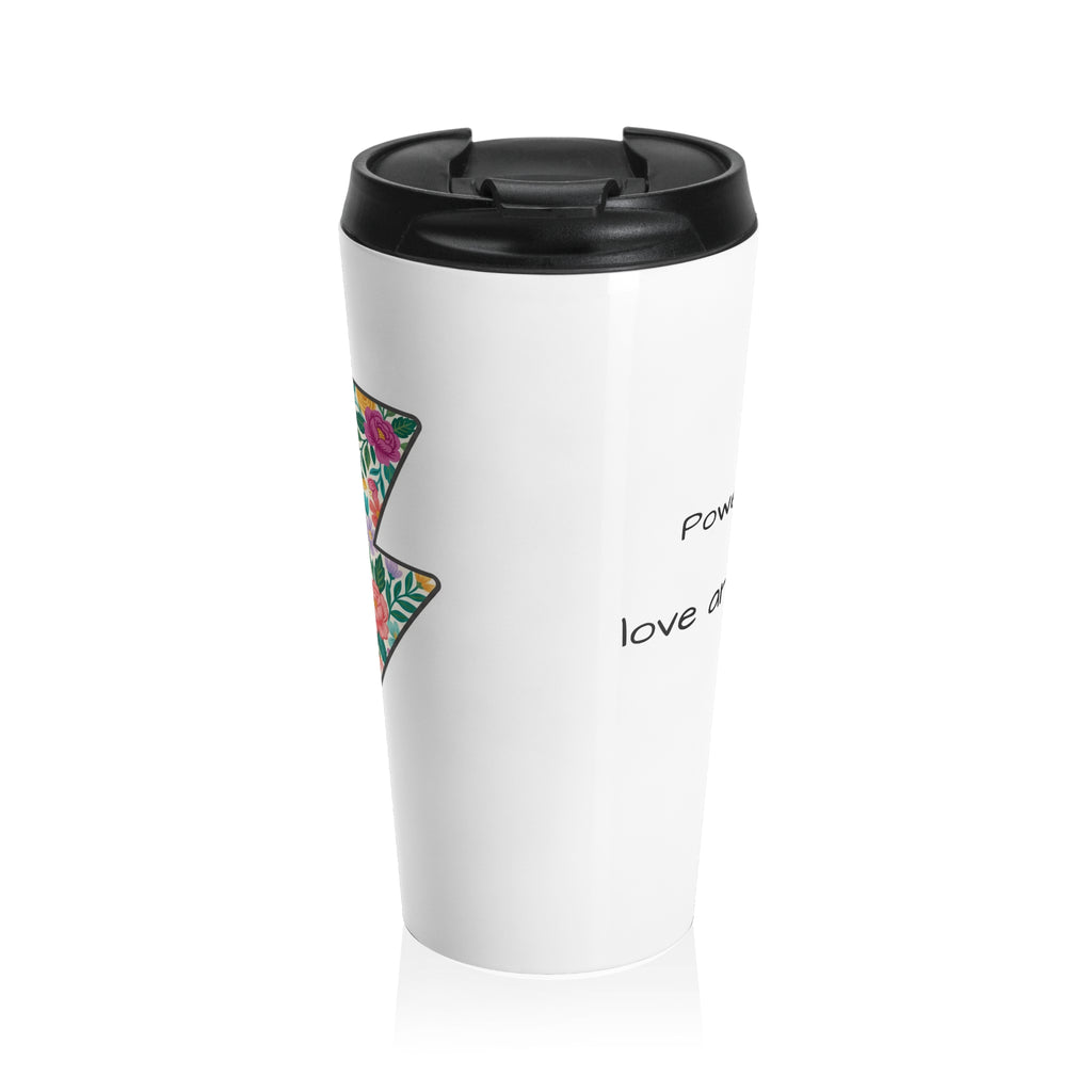 Travel Mug — Colorful Floral Peace Sign with 'Powered by Love & Coffee'
