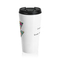 Travel Mug — Colorful Floral Peace Sign with 'Powered by Love & Coffee'