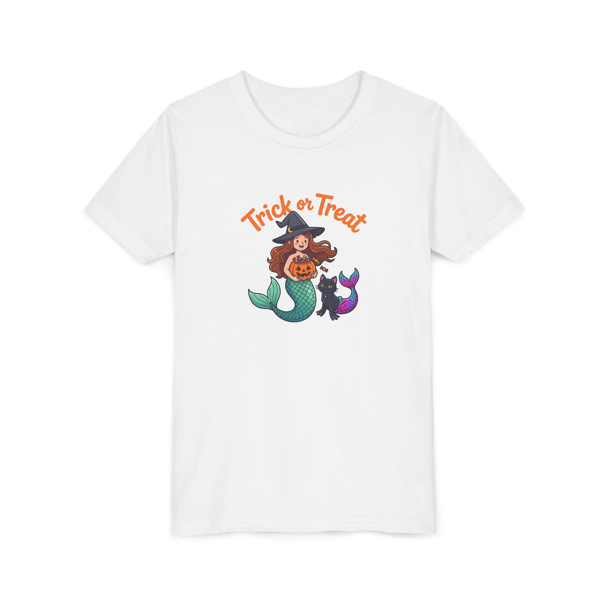 Youth Halloween Mermaid Tee – "Trick or Treat" Witch Mermaid with Black Cat