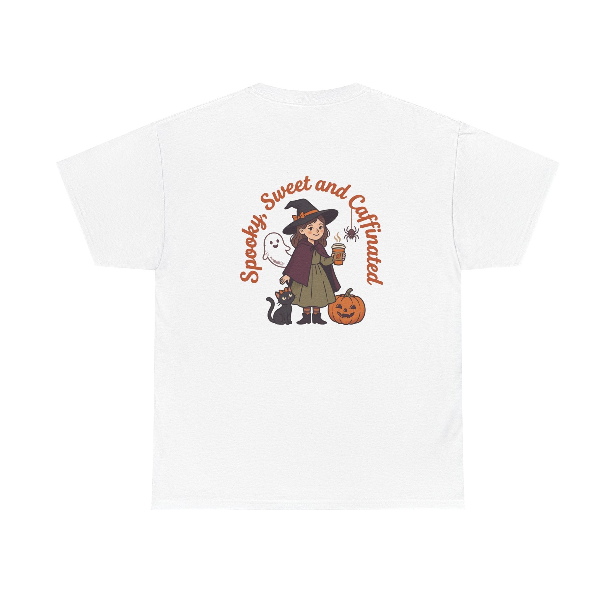 Spooky Sweet and Caffeinated Tee | Witch with Pumpkin and Cat