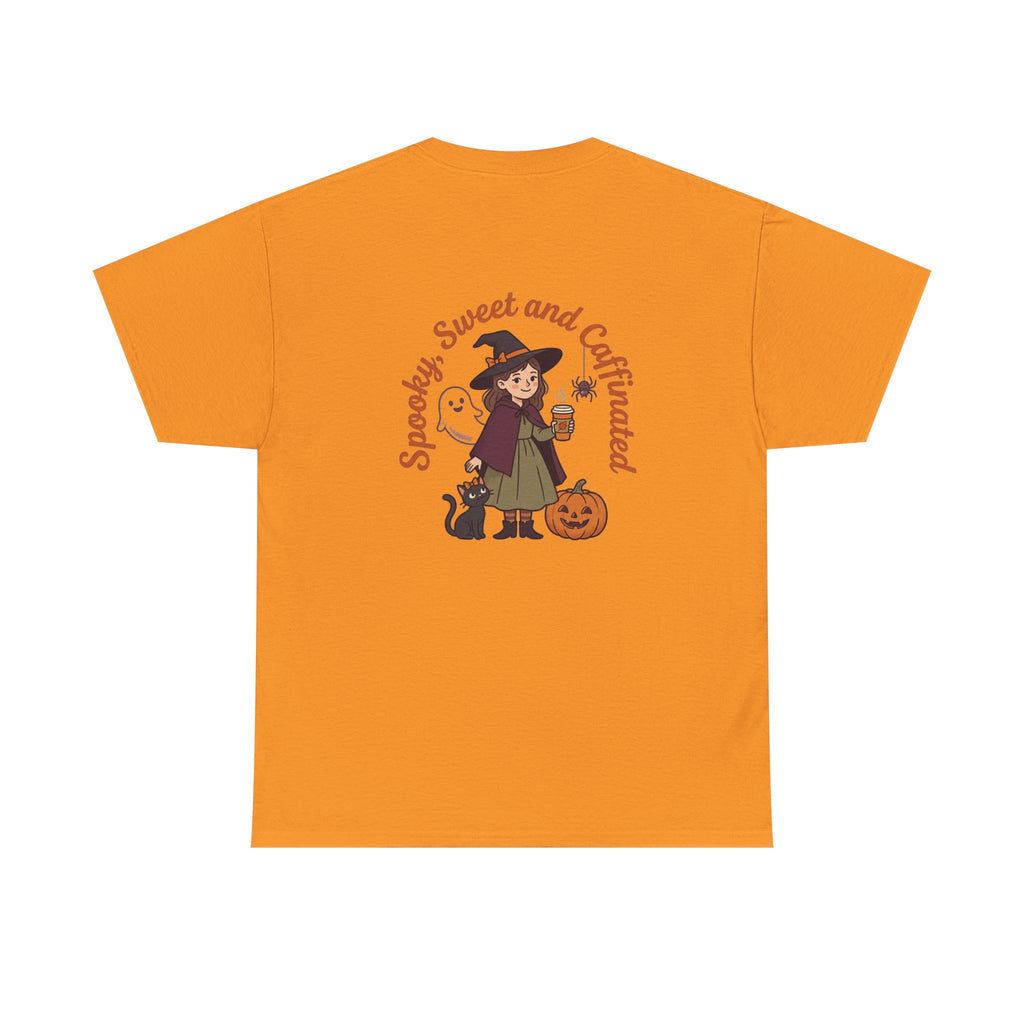 Spooky Sweet and Caffeinated Tee | Witch with Pumpkin and Cat