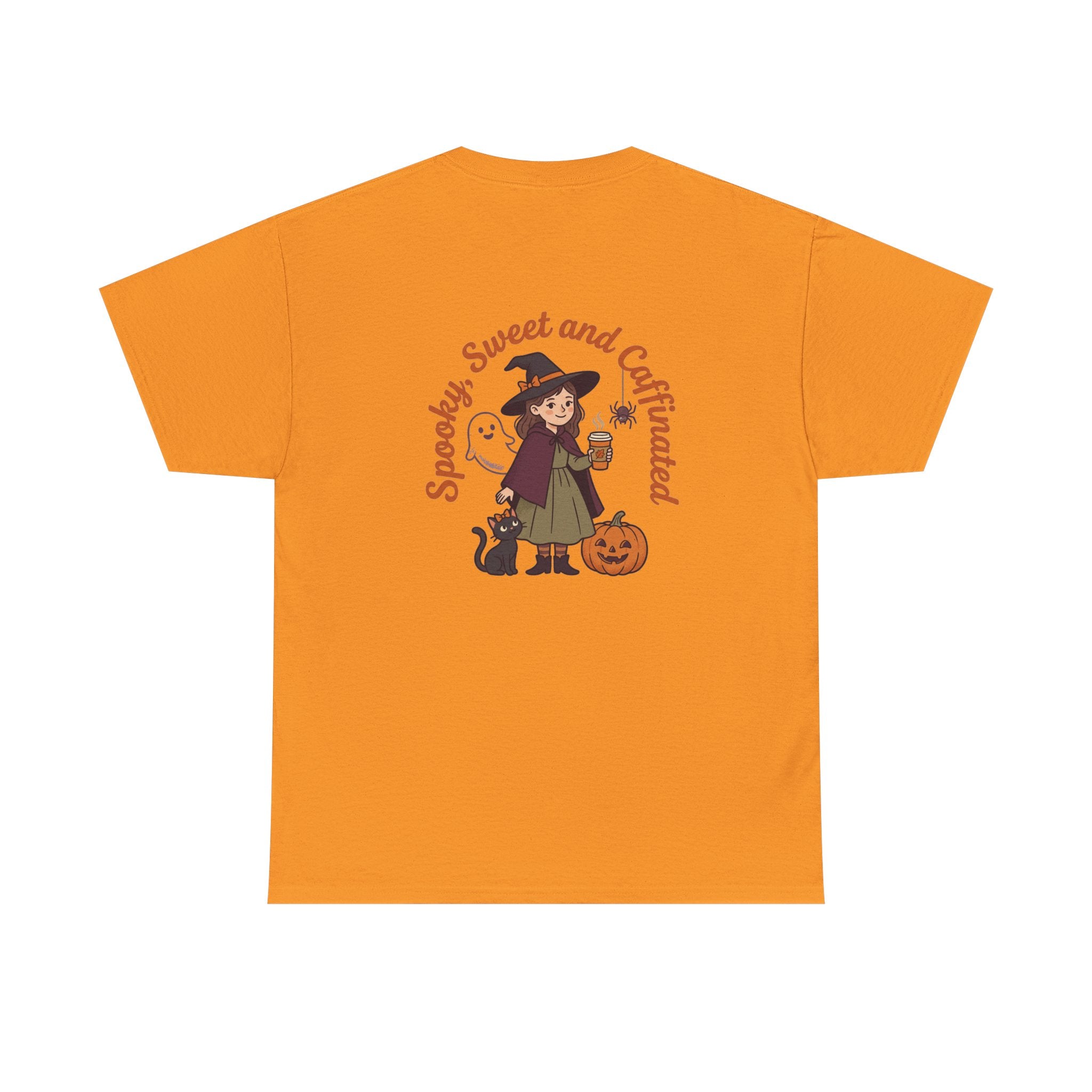 Spooky Sweet and Caffeinated Tee | Witch with Pumpkin and Cat