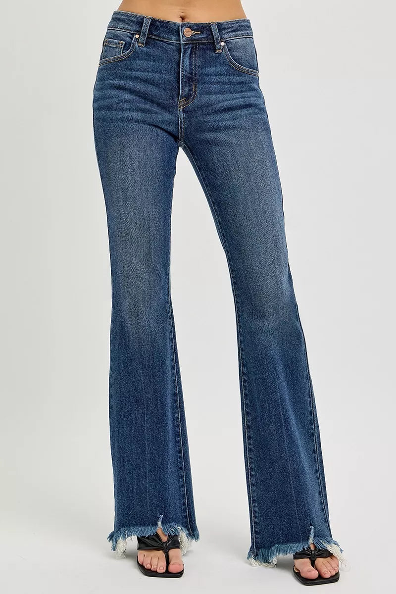 RISEN Mid Rise Chewed Frayed Hem Flared Leg Jeans