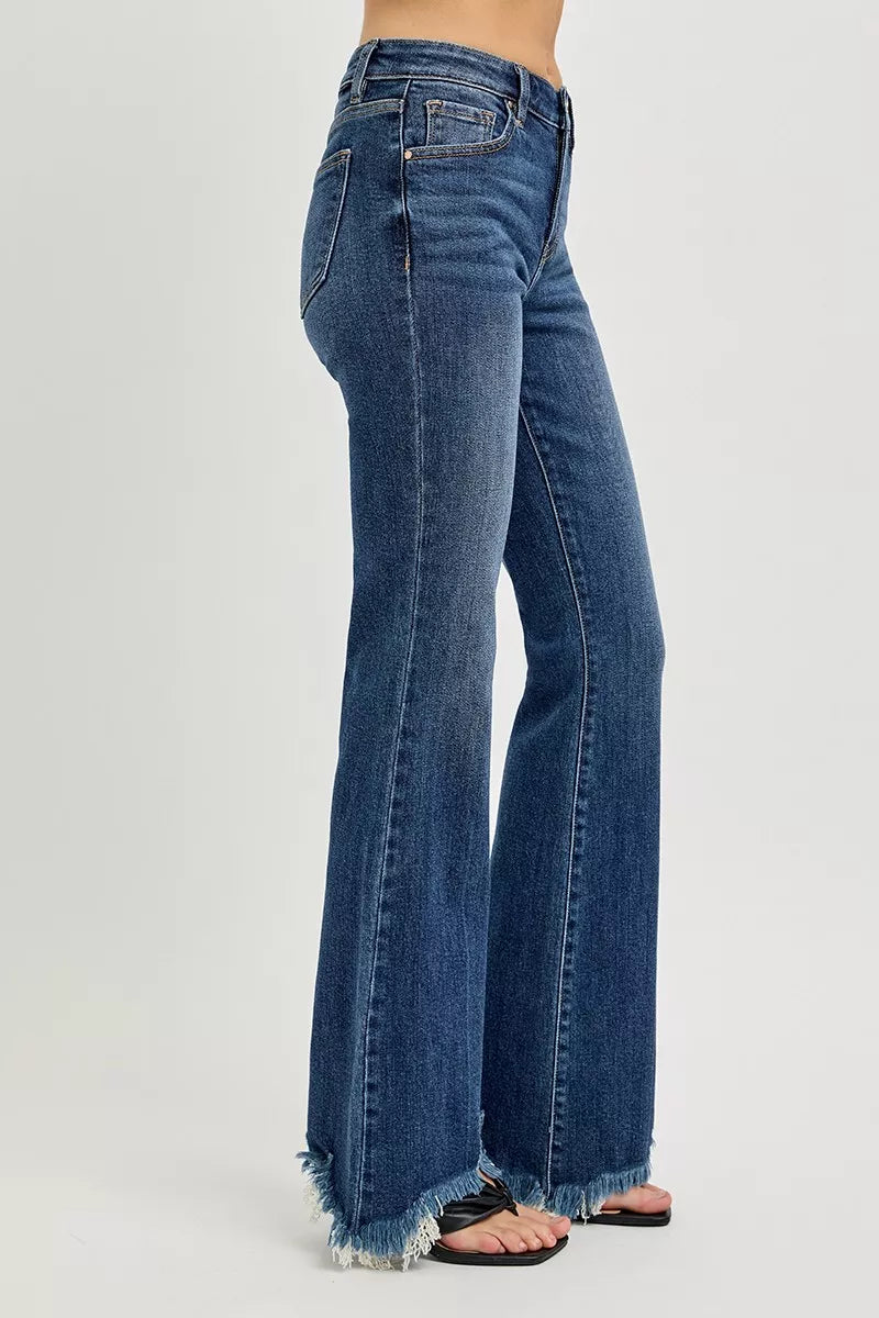 RISEN Mid Rise Chewed Frayed Hem Flared Leg Jeans